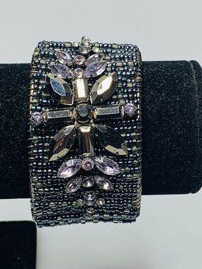 New Cookie Lee Hematite Tone Beaded Open Cuff Bracelet